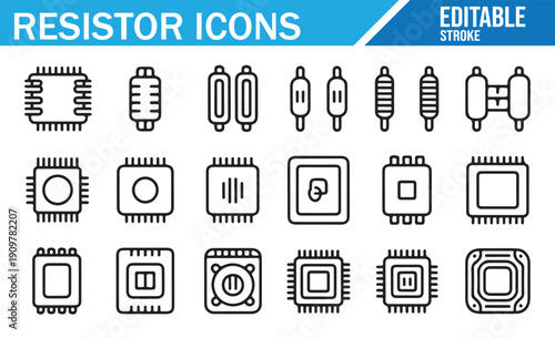 Editable Resistor and IC Package Icons. Line Art Vector Set for PCB and Electronic Hardware Design.