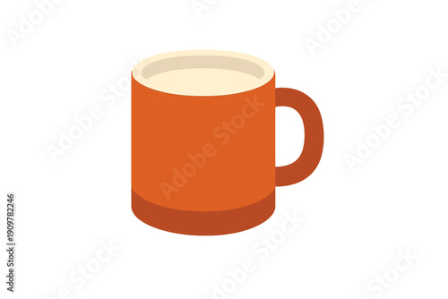 A flat illustration of an orange ceramic mug filled with a white liquid, possibly milk or cream, featuring a simple handle and a darker base against a solid black background.