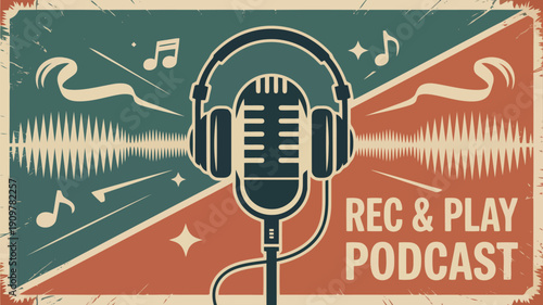 This distressed vintage style poster promotes a podcast with a central microphone, headphones, and sound waves