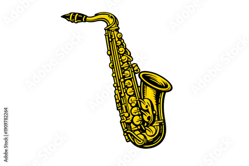 A stylized yellow saxophone illustration with bold black outlines and highlights, set against a solid black background. This graphic artwork depicts a classic woodwind musical instrument.