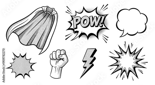 Comic book style illustrations of various speech and action effects