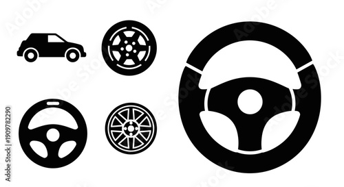 Black car steering wheel and wheel icons