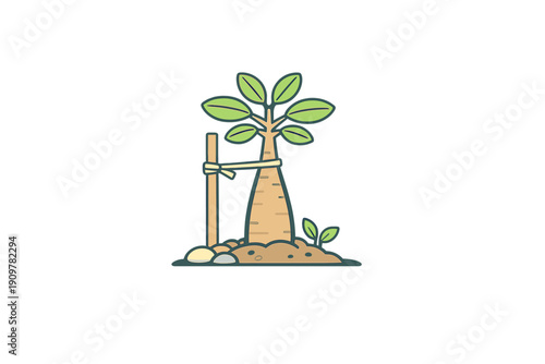 A flat vector illustration of a young tree with a thick trunk tied to a wooden support stake in a patch of soil. The plant features green leaves and sits on a black background.