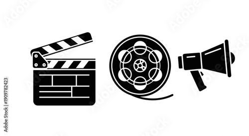 Film production icons including clapperboard film reel and megaphone