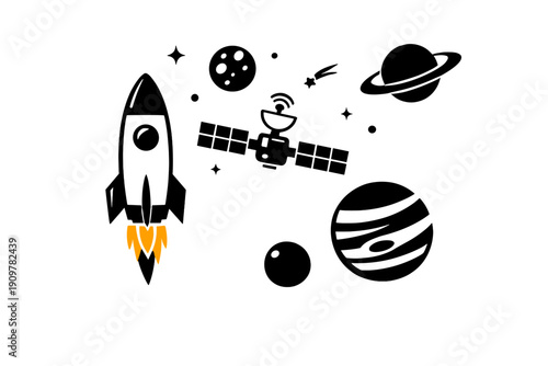 This minimalist graphic features a white rocket ship with orange fire launching into a dark space filled with stylized planets and stars on a black background.
