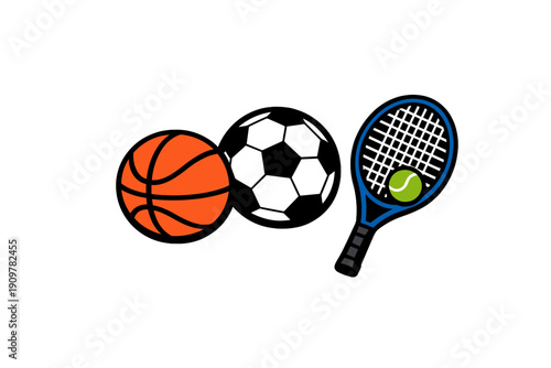 A graphic illustration featuring a basketball, a soccer ball, and a blue tennis racket with a green ball arranged horizontally against a solid black background.
