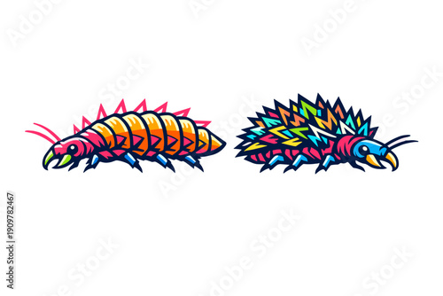 Two vibrant, stylized insect creatures with segmented bodies and sharp spikes are depicted against a solid black background in a bold, colorful graphic art style with neon highlights.