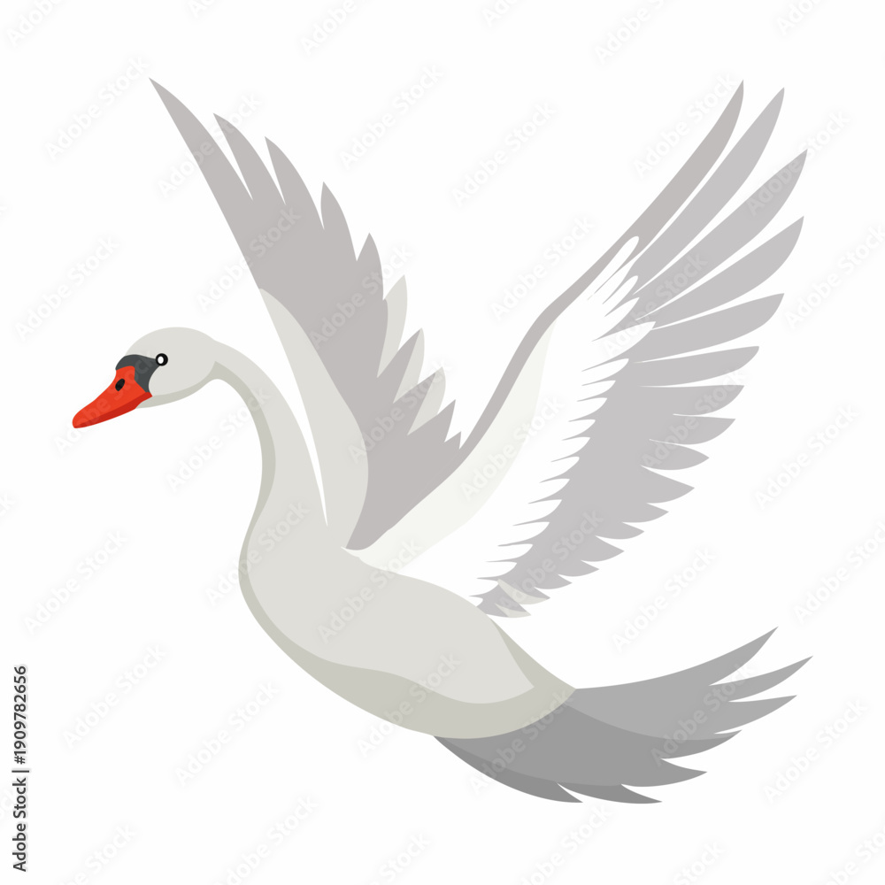 Obraz premium Cute cartoon white graceful swan flying with spread wings. Elegant bird vector illustration isolated on white background.Suitable for children’s books, stickers, logo, icon, poster, educational design