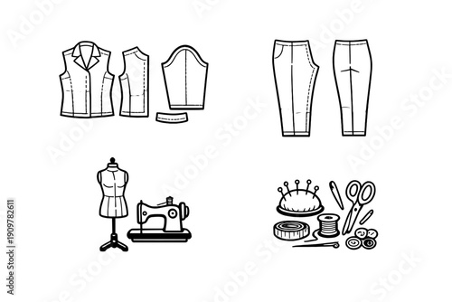 A collection of four black and white illustrations featuring sewing patterns for a vest and trousers, a tailor's mannequin, a sewing machine, and various dressmaking tools on a black background.
