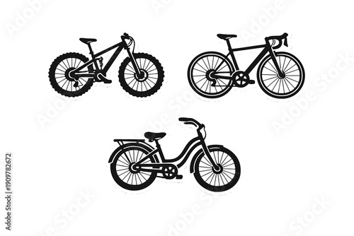 A collection of three black and white bicycle stickers including a mountain bike, a road bike, and a city bike. The flat vector icons are displayed against a solid black background.