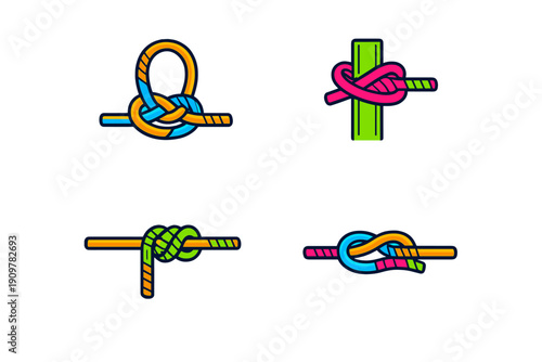 A set of four colorful vector illustrations showing different types of rope knots on a solid black background. The knots feature vibrant shades of orange, blue, pink, and green.