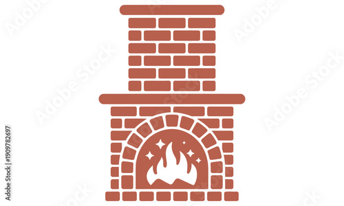 brick fireplace with chimney and flames inside isolated on transparent background