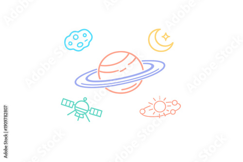 This set of neon-style space icons features a ringed planet, a crescent moon with a star, an asteroid, a satellite, and a solar system model against a dark black background.
