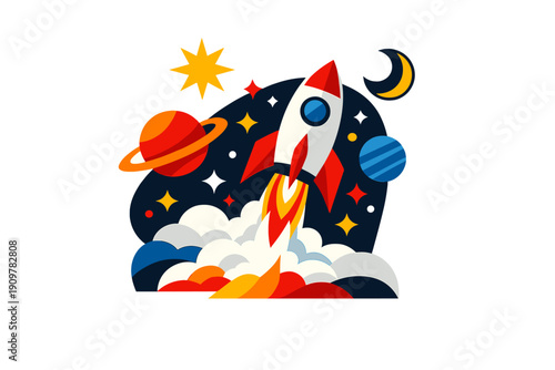 A colorful vector illustration of a white rocket ship launching into outer space, surrounded by planets, stars, and a crescent moon amidst clouds of smoke and fire.