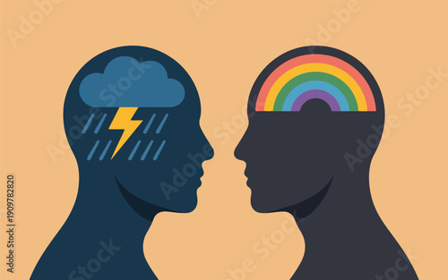Two human head profiles facing each other depict contrasting mental states with a storm and rainbow