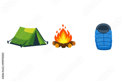 This illustration features three essential camping items including a green tent, a warm campfire with wooden logs, and a blue sleeping bag isolated on a black background.