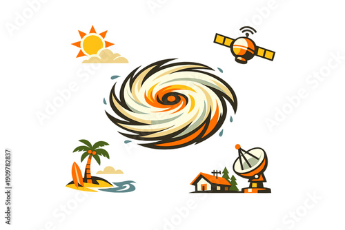 A stylized graphic illustration showing a central hurricane vortex surrounded by icons of a sun, a satellite, a tropical island, and a house with a radar dish on a black background.