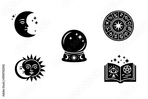 A collection of white mystical icons on a black background, featuring a zodiac wheel, a crystal ball, a crescent moon with a face, an open spell book, and a mysterious face.