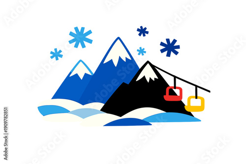 A graphic illustration features snow-capped mountain peaks, large stylized snowflakes, and colorful ski lift chairs over snowy slopes on a dark background.