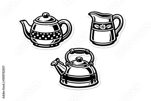 Three black and white sticker-style illustrations of kitchenware including a polka dot teapot, a floral pitcher, and a traditional kettle, isolated against a solid black background.