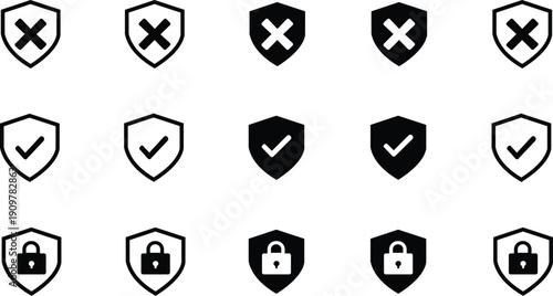 Shield check mark icon Set, Arrow Set or security shield protection icon with tick symbol. Vector Icon Set.