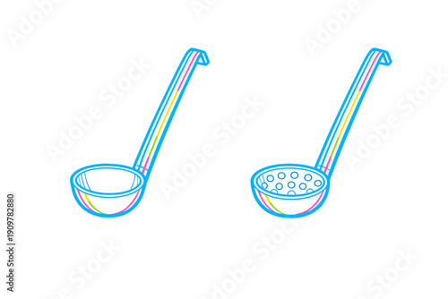 Two stylized kitchen ladles with neon blue and pink outlines are displayed against a solid black background. One ladle is solid while the other features a perforated slotted design.