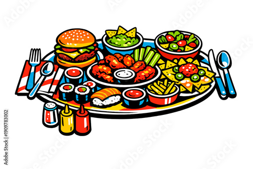 A vibrant illustration of a large platter filled with diverse foods including a burger, sushi, chicken wings, nachos, and salad, accompanied by condiments and utensils on a black background.