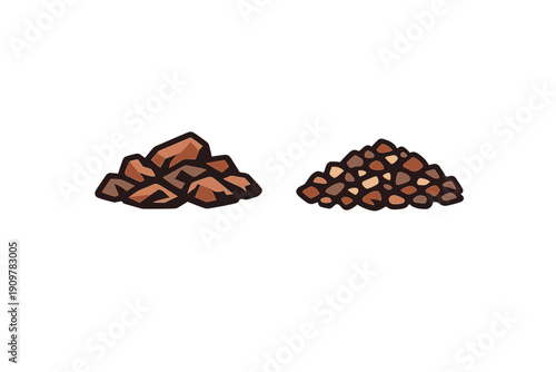 An illustration featuring two distinct mounds of brown stones on a black background. One pile has large angular rocks, and the other contains smaller rounded pebbles.