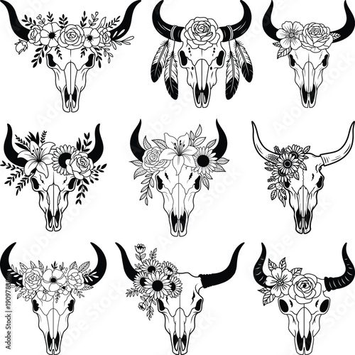 Cow Skull With Flower vector bundle,Bull Skull Svg