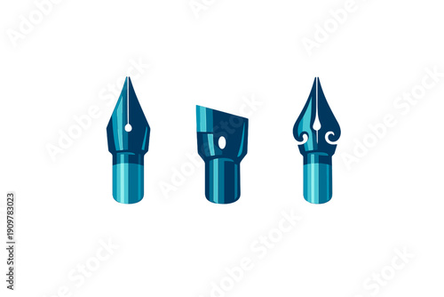 Three stylized blue fountain pen nibs are displayed against a black background. Each nib has a unique shape, including a standard point, a chisel tip, and a decorative scroll design.