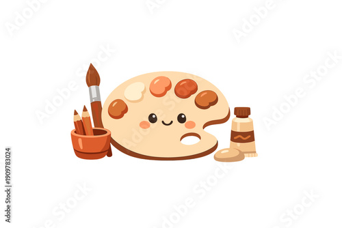 A cute cartoon illustration of a smiling artist palette surrounded by a paintbrush, pencils in a pot, and a tube of paint, all in warm earthy tones on a black background.
