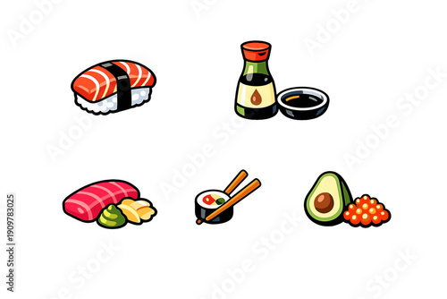 A collection of cartoon sushi illustrations featuring salmon nigiri, soy sauce, tuna sashimi with wasabi, a maki roll with chopsticks, and avocado with salmon roe on a black background.