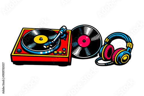 A vibrant pop art illustration featuring a red turntable with a vinyl record, an additional record, and colorful headphones against a solid black background.