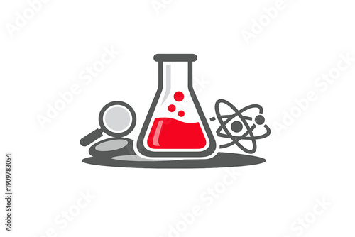 A graphic illustration depicts science equipment including an Erlenmeyer flask with red liquid, a magnifying glass, and an atomic model on a dark background.