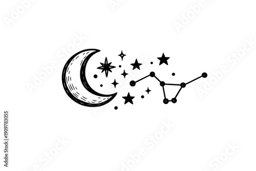 A minimalist black and white line art illustration featuring a crescent moon surrounded by various twinkling stars and a celestial constellation against a solid dark background setting.