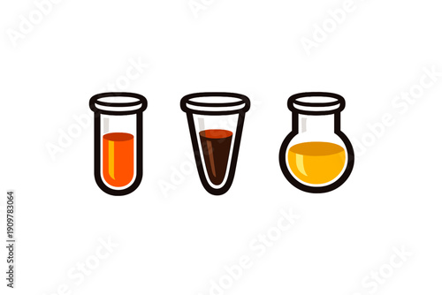 Three stylized laboratory glass containers including a test tube, a conical tube, and a round-bottom flask filled with colorful liquids against a solid black background.