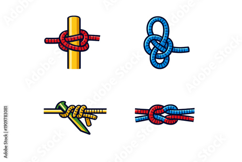 This set of four vector icons features various nautical and climbing knots tied with vibrant red, blue, and yellow ropes, presented on a dark black background.