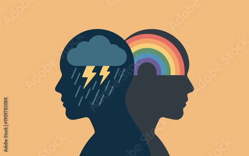 Two human head silhouettes represent contrasting emotional states of storm and rainbow
