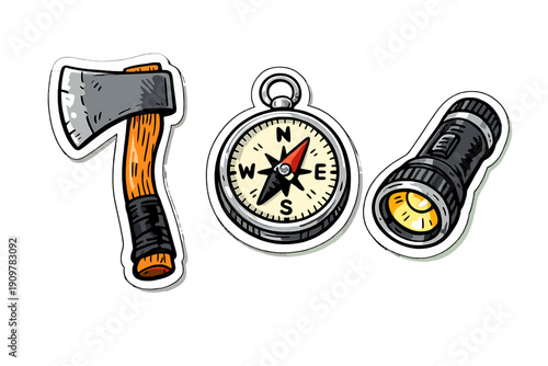 A cartoon illustration of essential camping gear including a wooden-handled axe, a silver compass, and a black flashlight, all set against a solid black background.