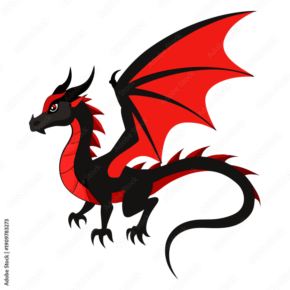 Fototapeta premium Cartoon Black Fire Dragon with Red Wings. Fantasy flying dragon or dinosaur. Mythical character. Suitable for children's books, branding, sticker, logo, icon. Isolated vector on white background