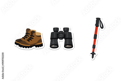 This illustration features three outdoor adventure stickers: a pair of brown hiking boots, black binoculars, and a red trekking pole, all set against a black background.