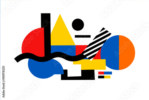 An abstract geometric composition featuring primary colored shapes like circles, triangles, and rectangles on a black background, intersected by a bold black wavy line.