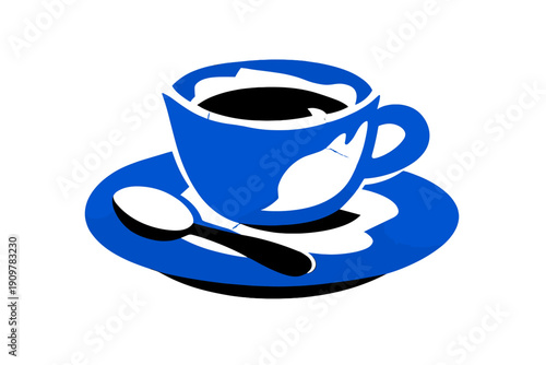 A minimalist graphic illustration shows a blue coffee cup and saucer set against a black background. A white spoon rests on the saucer next to the cup of dark liquid.