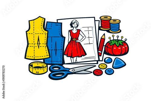 An illustration of fashion design tools including dress patterns, a sketch of a woman in a red dress, scissors, thread spools, a pincushion, buttons, and a measuring tape on a black background.