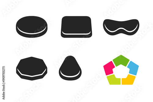 Six minimalist icons are arranged on a black background, featuring five dark grey volumetric shapes and one vibrant multicolored pentagonal ring composed of five distinct segments.