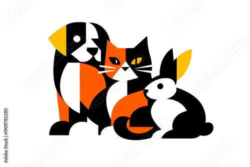 A minimalist geometric illustration of a cat composed of black, orange, and yellow shapes against a dark background. The abstract design features sharp angles and curved lines.