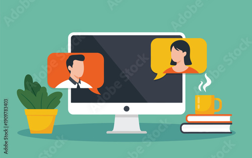 Two individuals engaged in a virtual conversation appearing on a white computer monitor