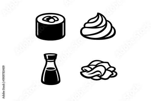 A set of four minimalist line art icons representing Japanese cuisine elements including a sushi roll, a swirl of wasabi, a bottle of soy sauce, and pickled ginger.