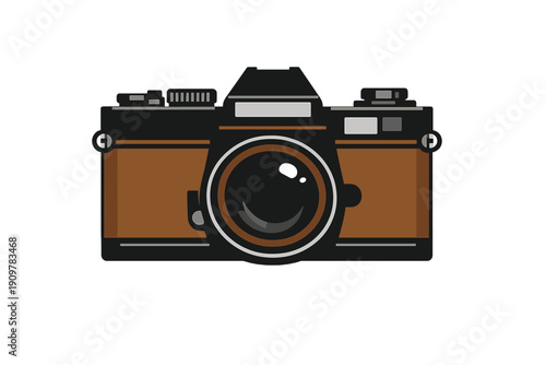 A flat design illustration of a vintage-style film camera with a brown body and black lens, isolated on a solid black background. The graphic features simple geometric shapes.