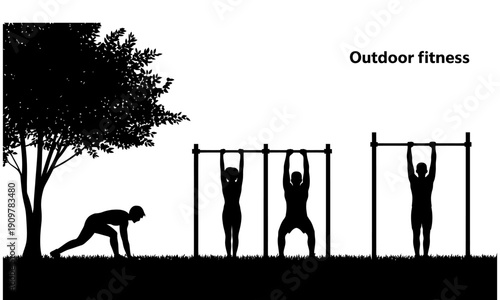 People exercising outdoors in a park with pull up bars and tree  outdoor fitness routine